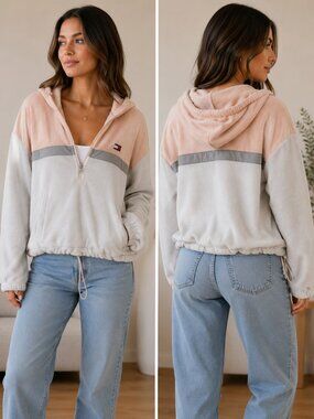 Tommy Hilfiger Sport Colorblock Sherpa Fleece Hoodie | Pink & White | Size Large